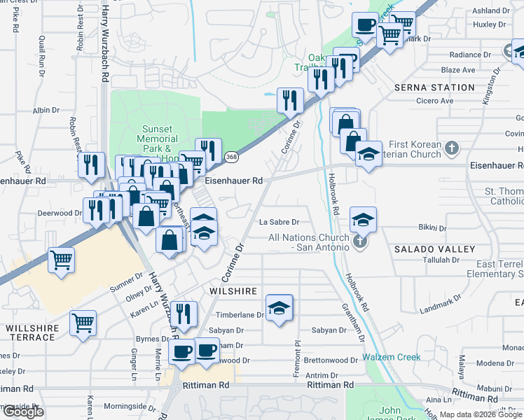 map of restaurants, bars, coffee shops, grocery stores, and more near 3600 Eisenhauer Road in San Antonio