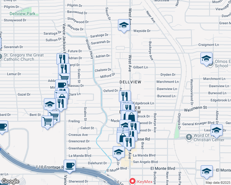 map of restaurants, bars, coffee shops, grocery stores, and more near 103 Oxford Drive in San Antonio