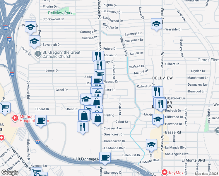 map of restaurants, bars, coffee shops, grocery stores, and more near 410 Nassau Drive in San Antonio