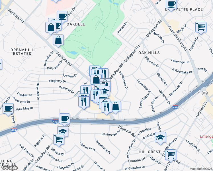 map of restaurants, bars, coffee shops, grocery stores, and more near 1701 Babcock Road in San Antonio