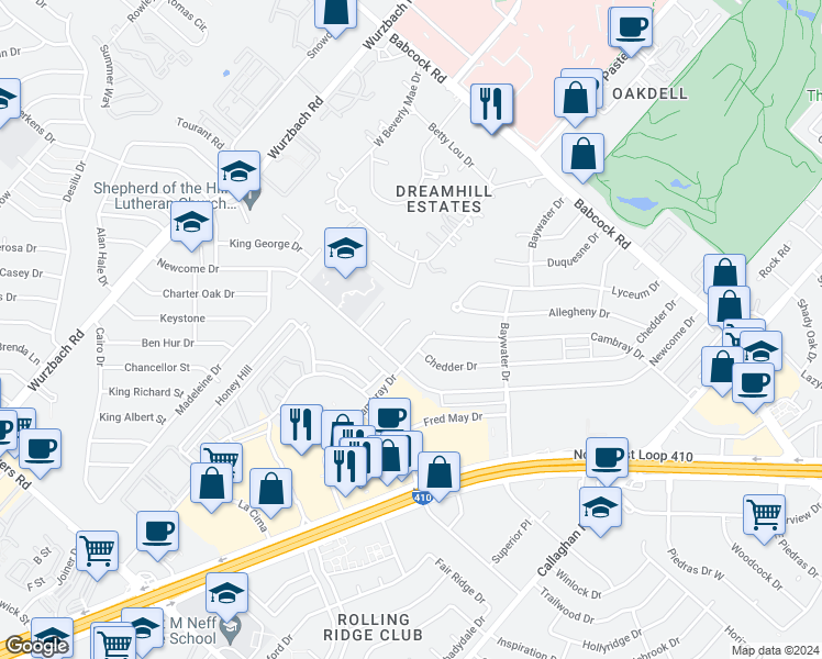 map of restaurants, bars, coffee shops, grocery stores, and more near 4900 Ali Avenue in San Antonio