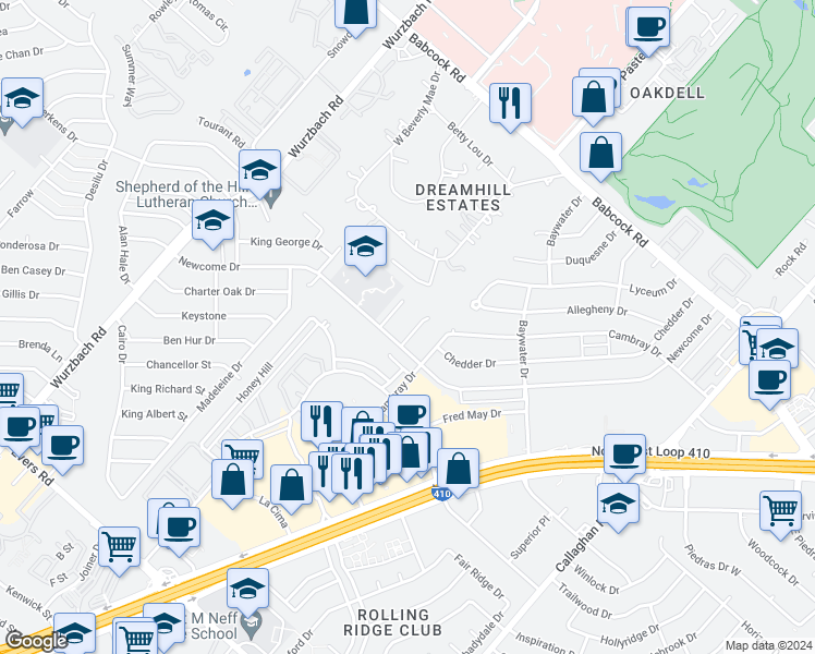 map of restaurants, bars, coffee shops, grocery stores, and more near 4918 Ty Terrace Street in San Antonio