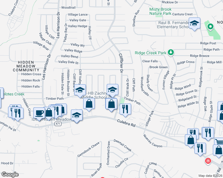 map of restaurants, bars, coffee shops, grocery stores, and more near 5822 Cliffmont Drive in San Antonio