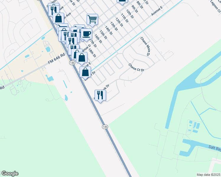 map of restaurants, bars, coffee shops, grocery stores, and more near 1139 Chase Park Drive in Bacliff