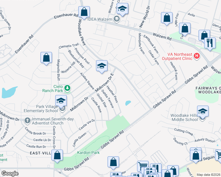 map of restaurants, bars, coffee shops, grocery stores, and more near 4938 Heather Pass in San Antonio