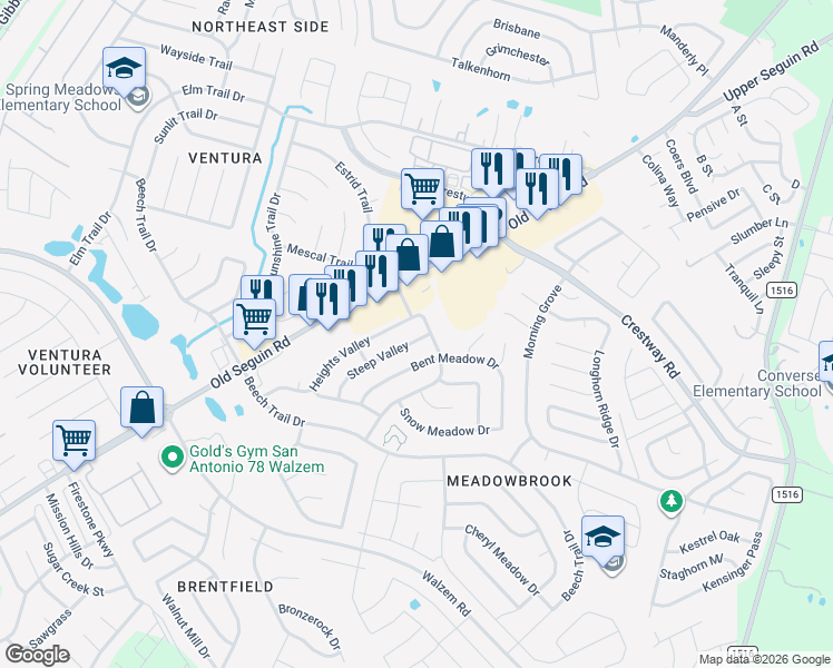 map of restaurants, bars, coffee shops, grocery stores, and more near 8326 Steep Valley in Converse