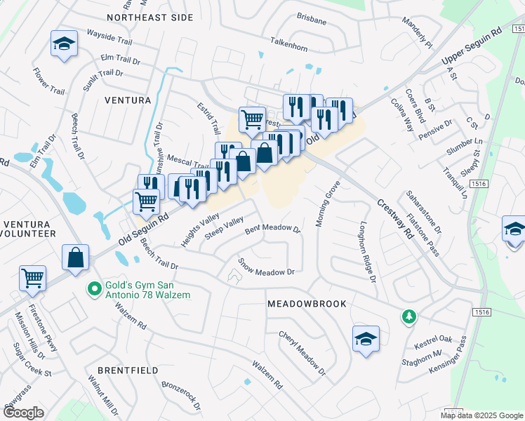 map of restaurants, bars, coffee shops, grocery stores, and more near 8227 Maple Meadow Drive in Converse