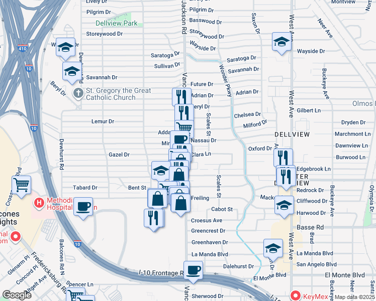 map of restaurants, bars, coffee shops, grocery stores, and more near 2531 Clara Lane in San Antonio