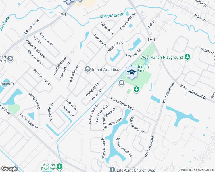 map of restaurants, bars, coffee shops, grocery stores, and more near 1102 Hawkhill Drive in Friendswood
