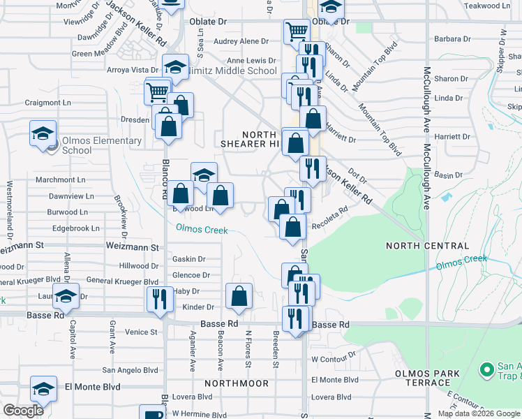 map of restaurants, bars, coffee shops, grocery stores, and more near 102 Interloop Road in San Antonio