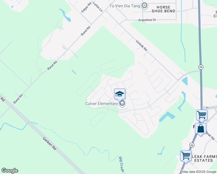 map of restaurants, bars, coffee shops, grocery stores, and more near 3142 Everwood Trail in Rosenberg
