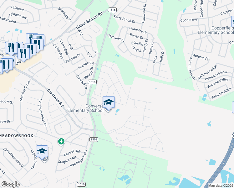 map of restaurants, bars, coffee shops, grocery stores, and more near 6910 Fm 1516 N in Converse