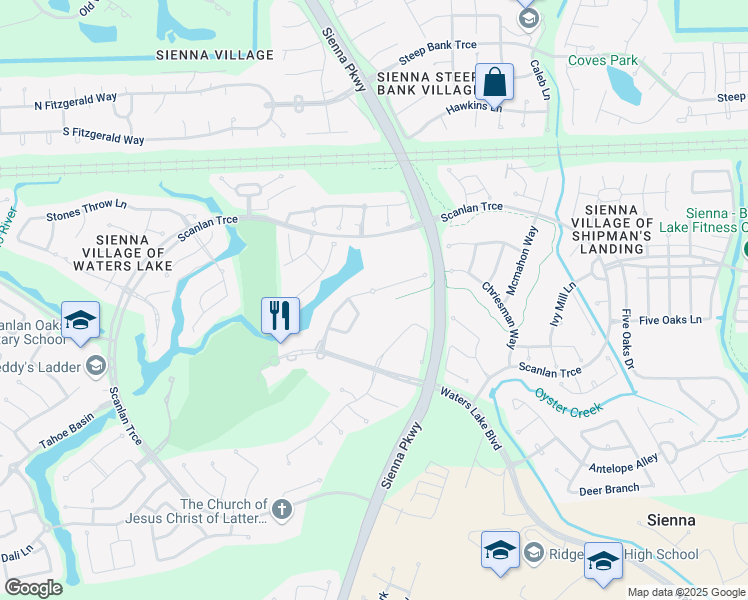 map of restaurants, bars, coffee shops, grocery stores, and more near 9526 Oakland Lake Way in Missouri City
