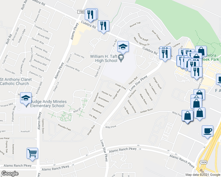 map of restaurants, bars, coffee shops, grocery stores, and more near 11727 Caitlin Ash in San Antonio