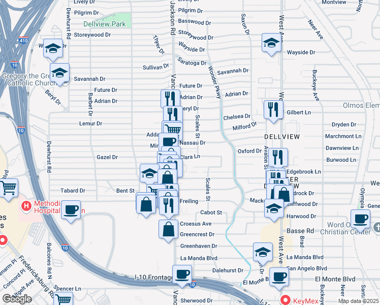 map of restaurants, bars, coffee shops, grocery stores, and more near 2515 Clara Lane in San Antonio