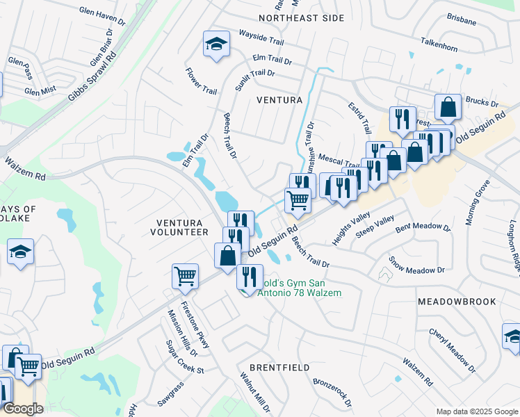map of restaurants, bars, coffee shops, grocery stores, and more near 7905 Corum Trail Drive in San Antonio