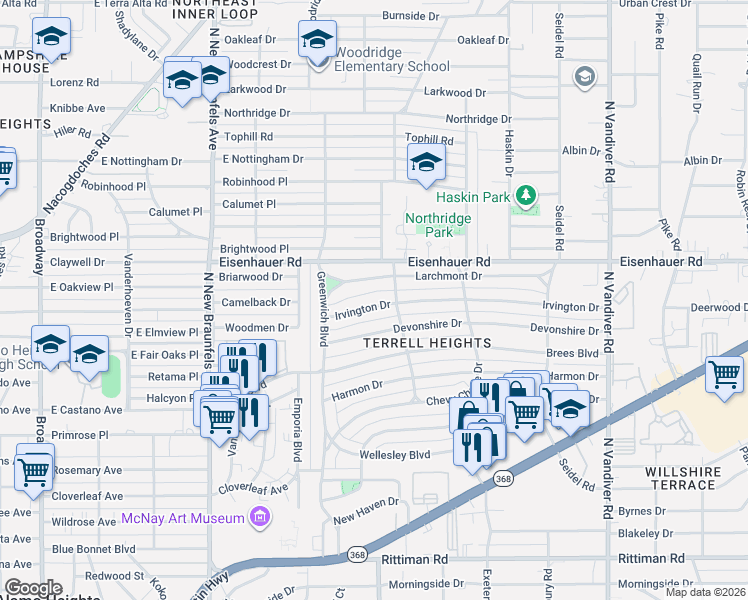 map of restaurants, bars, coffee shops, grocery stores, and more near 131 Irvington Drive in San Antonio