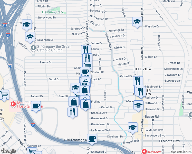 map of restaurants, bars, coffee shops, grocery stores, and more near 410 Nassau Drive in San Antonio