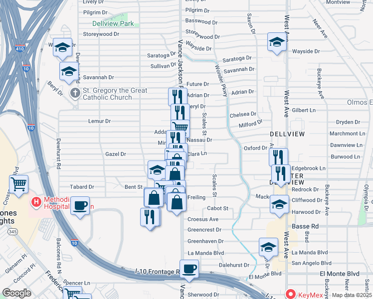 map of restaurants, bars, coffee shops, grocery stores, and more near in San Antonio