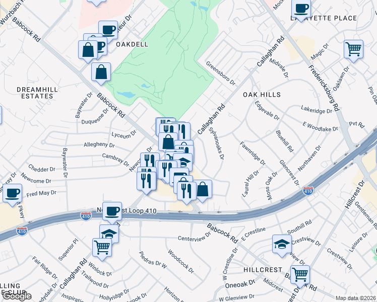 map of restaurants, bars, coffee shops, grocery stores, and more near 1701 Babcock Road in San Antonio