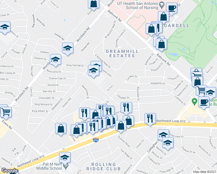 map of restaurants, bars, coffee shops, grocery stores, and more near 4900 Ali Avenue in San Antonio