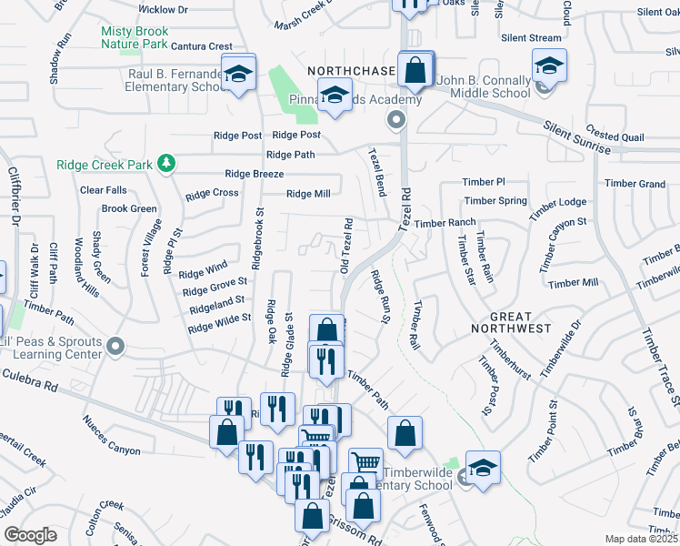 map of restaurants, bars, coffee shops, grocery stores, and more near 8905 Hambledon Drive in San Antonio