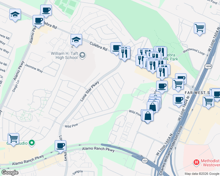 map of restaurants, bars, coffee shops, grocery stores, and more near 11355 Phoebe Lace in San Antonio