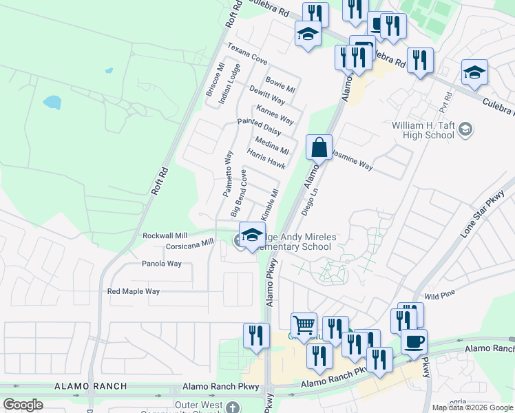 map of restaurants, bars, coffee shops, grocery stores, and more near 6130 Briscoe Leaf in San Antonio