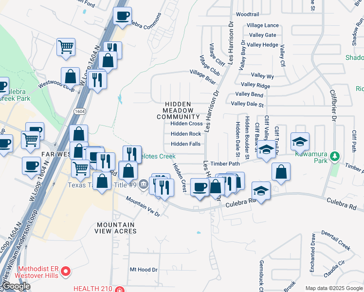 map of restaurants, bars, coffee shops, grocery stores, and more near 9746 Hidden Falls in San Antonio