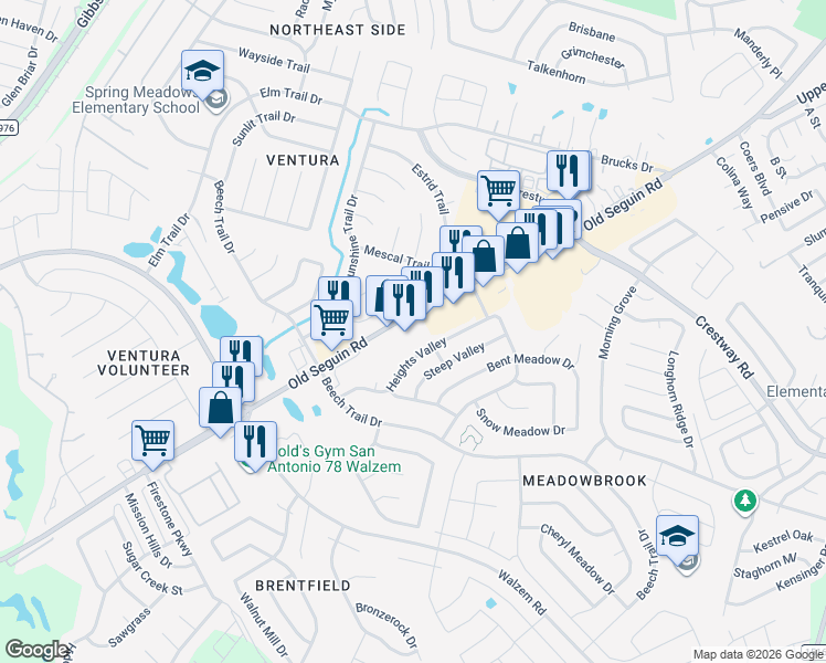 map of restaurants, bars, coffee shops, grocery stores, and more near 8144 Seguin Road in Converse