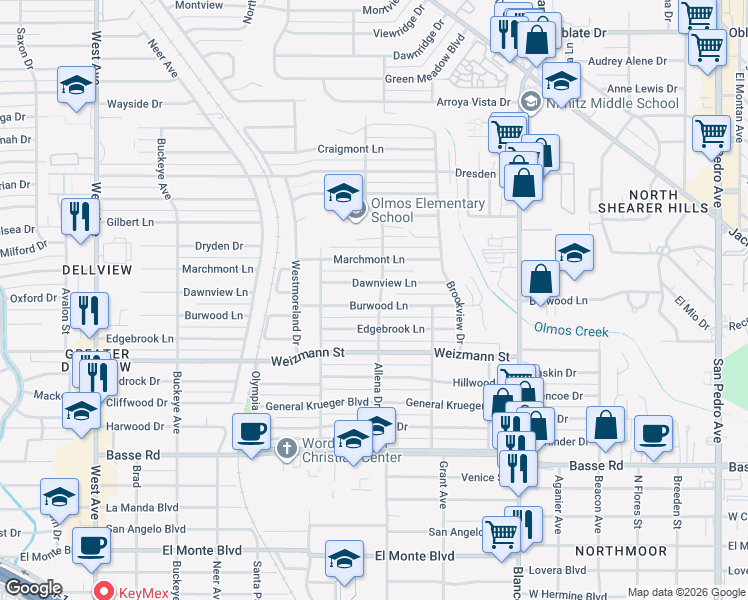 map of restaurants, bars, coffee shops, grocery stores, and more near 303 Burwood Lane in San Antonio