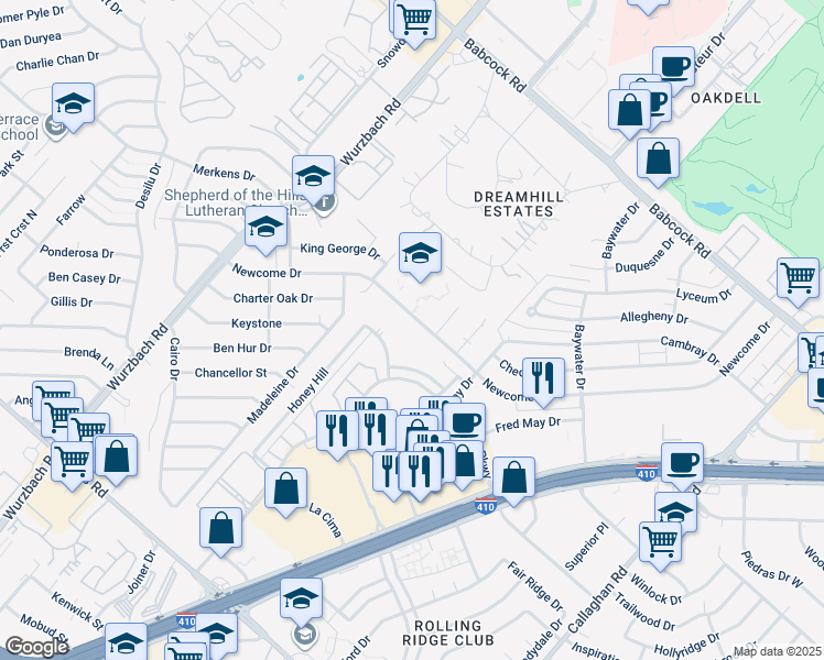 map of restaurants, bars, coffee shops, grocery stores, and more near 5102 Newcome Drive in San Antonio