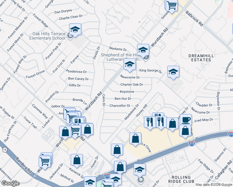 map of restaurants, bars, coffee shops, grocery stores, and more near 5502 Keystone in San Antonio