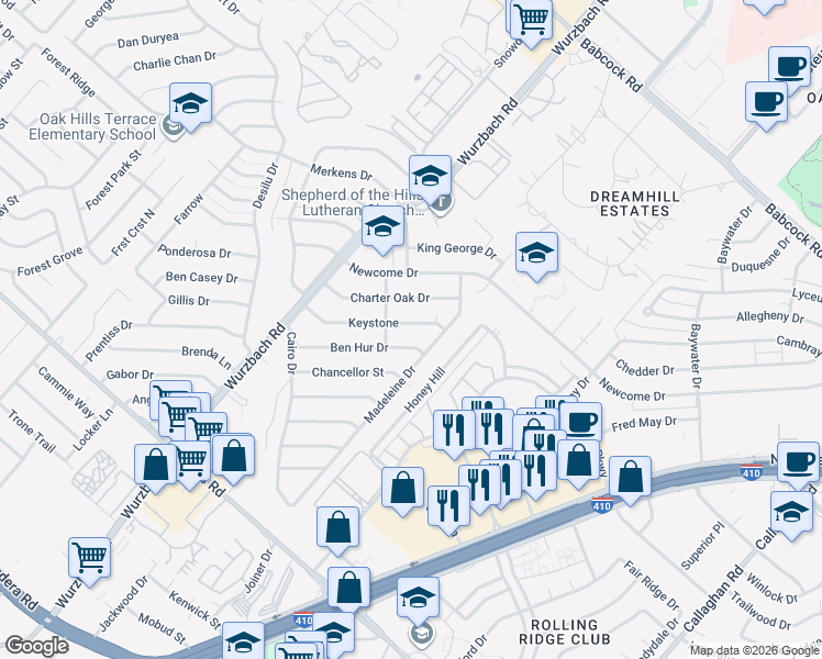 map of restaurants, bars, coffee shops, grocery stores, and more near 5302 Keystone in San Antonio