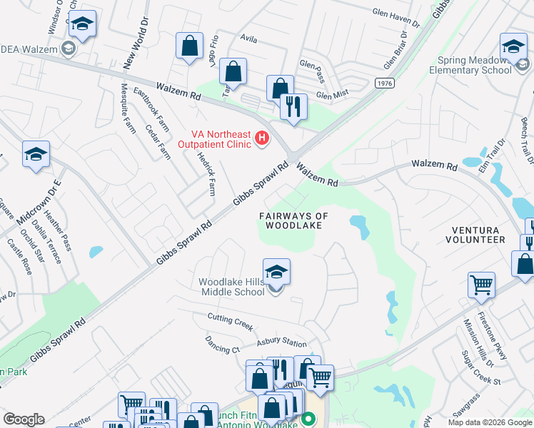 map of restaurants, bars, coffee shops, grocery stores, and more near 7235 Winding Fence in San Antonio