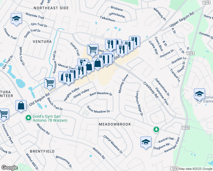 map of restaurants, bars, coffee shops, grocery stores, and more near 8227 Club Meadow Drive in Converse