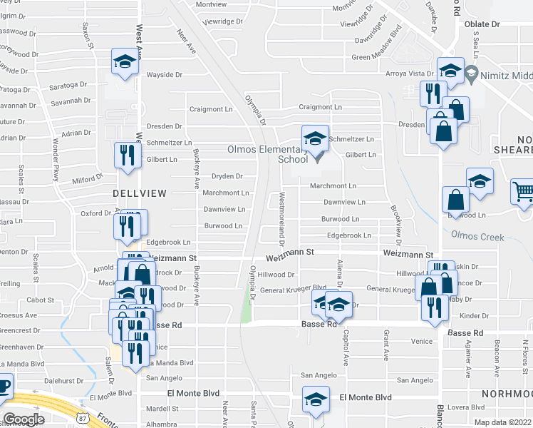 map of restaurants, bars, coffee shops, grocery stores, and more near 418 Dawnview Lane in San Antonio