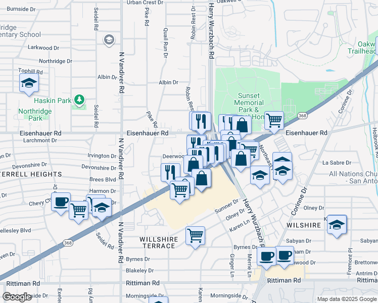 map of restaurants, bars, coffee shops, grocery stores, and more near 243 Deerwood Drive in San Antonio