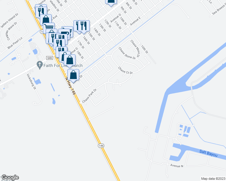 map of restaurants, bars, coffee shops, grocery stores, and more near 5122 Chase Park Gate Street in Bacliff