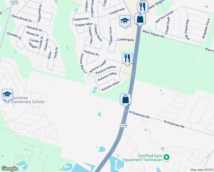 map of restaurants, bars, coffee shops, grocery stores, and more near 9736 Autumn Arbor in Converse