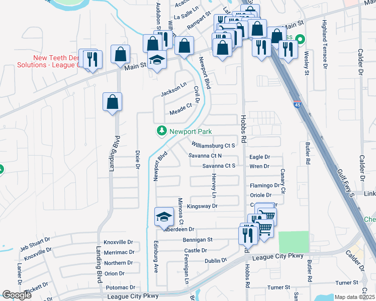 map of restaurants, bars, coffee shops, grocery stores, and more near 2129 Savanna Court South in League City