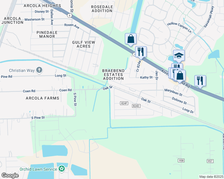 map of restaurants, bars, coffee shops, grocery stores, and more near 384 Cut Thru Alley in Rosharon