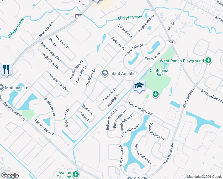 map of restaurants, bars, coffee shops, grocery stores, and more near 1110 Peregrine Dr in Friendswood