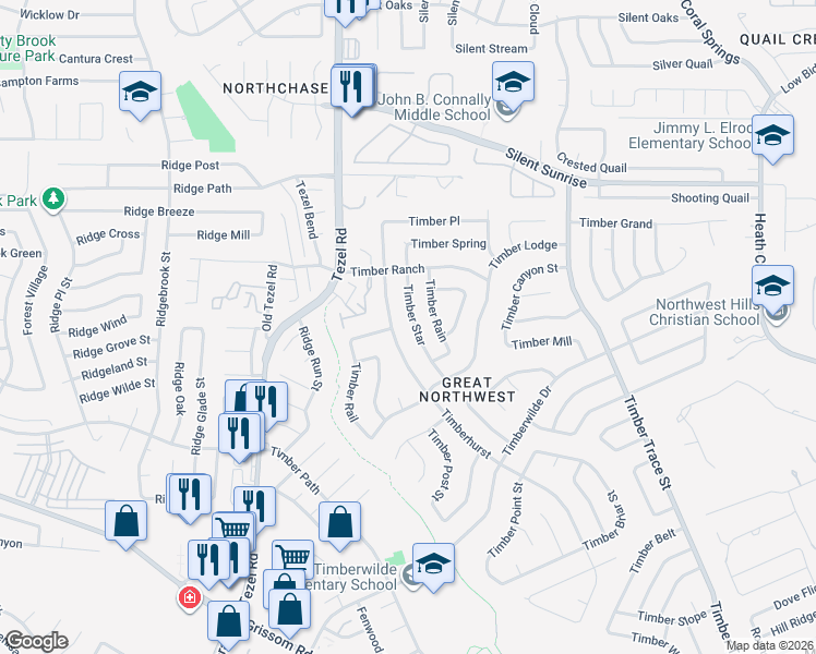 map of restaurants, bars, coffee shops, grocery stores, and more near 5651 Timber Star in San Antonio