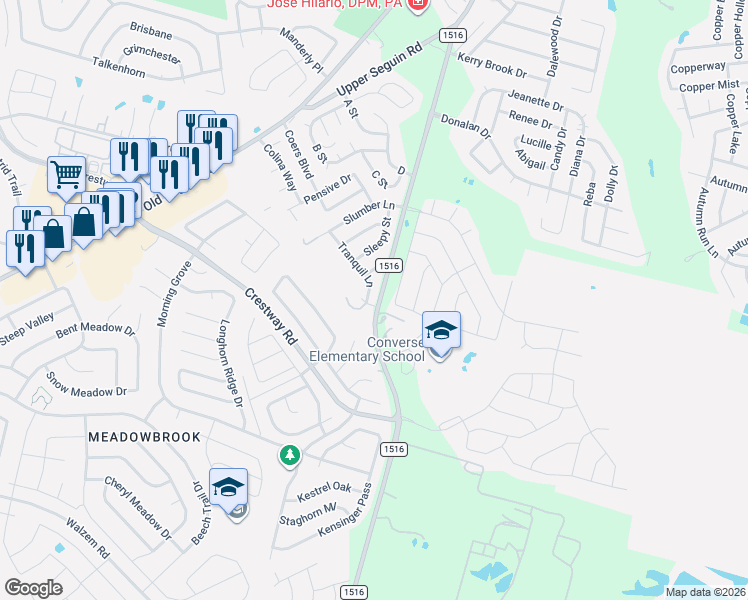 map of restaurants, bars, coffee shops, grocery stores, and more near 7003 Tranquil Lane in Converse