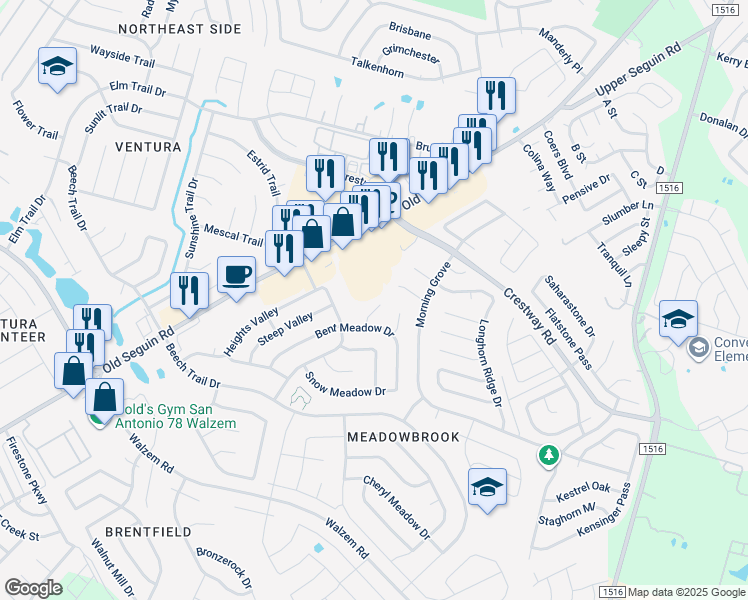 map of restaurants, bars, coffee shops, grocery stores, and more near 8227 Club Meadow Drive in Converse