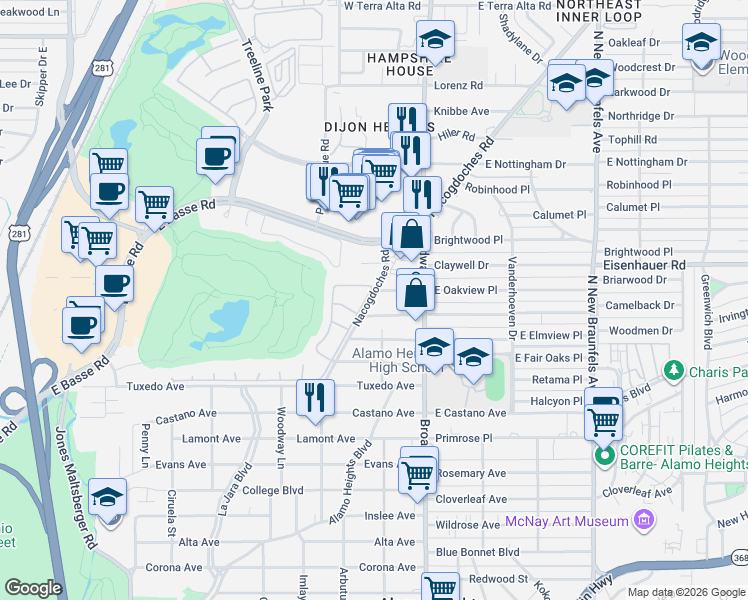 map of restaurants, bars, coffee shops, grocery stores, and more near 175 Paddington Way in San Antonio