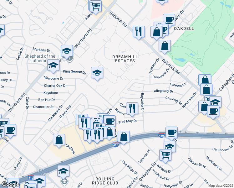 map of restaurants, bars, coffee shops, grocery stores, and more near 4900 Ali Avenue in San Antonio