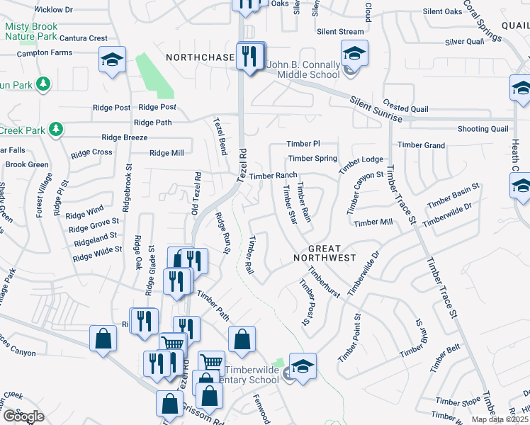 map of restaurants, bars, coffee shops, grocery stores, and more near 8711 Timber Plain in San Antonio