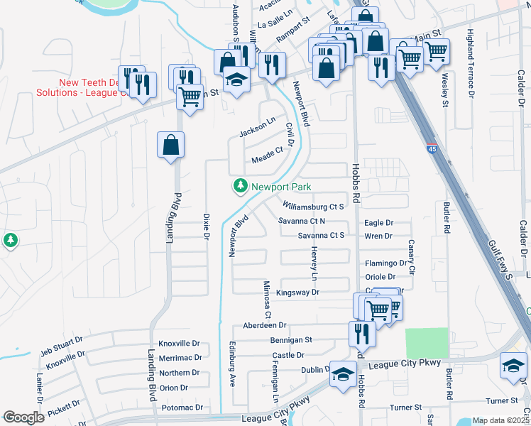 map of restaurants, bars, coffee shops, grocery stores, and more near 2129 Savanna Court South in League City